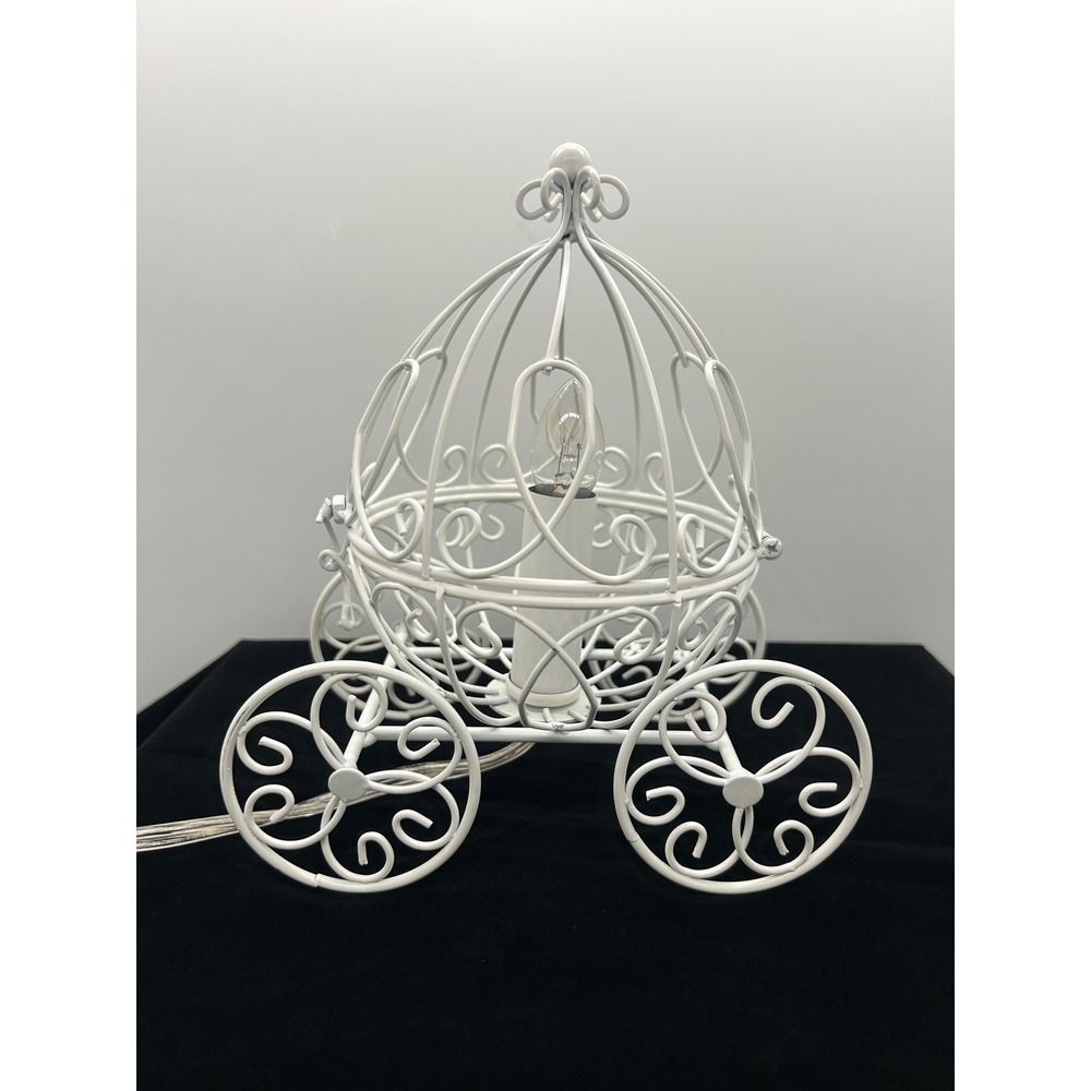 White Metal Wire Carriage Table Lamp Fairytale Pumpkin Coach Nursery Decor Light